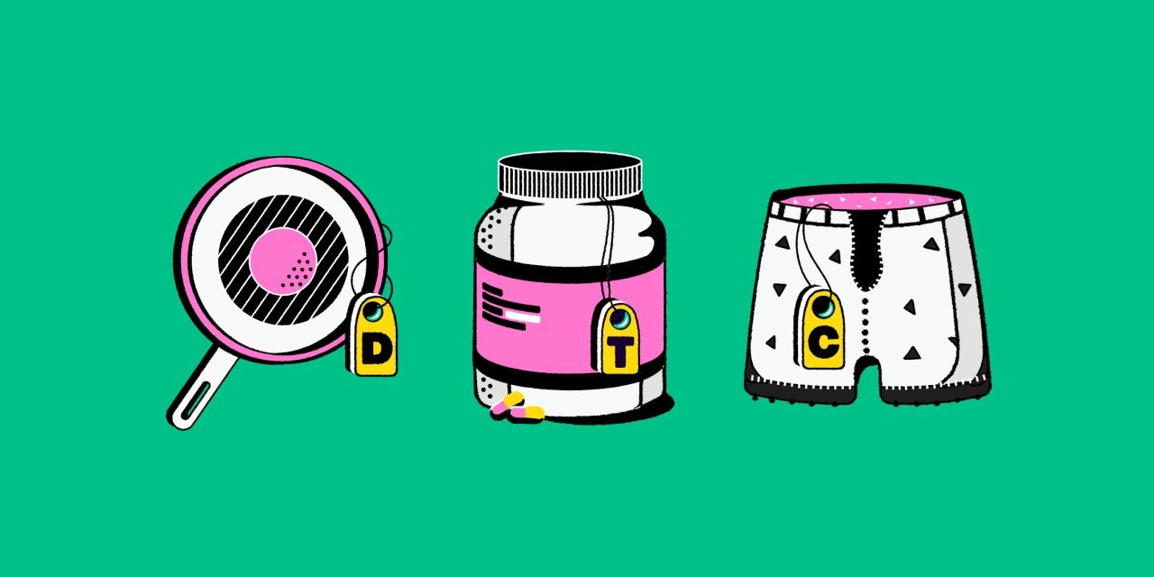 Illustration with a pan, a jar and underwear with tags spelling out D-T-C.