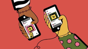 Illustration of two hands holding smartphones that are streaming videos.
