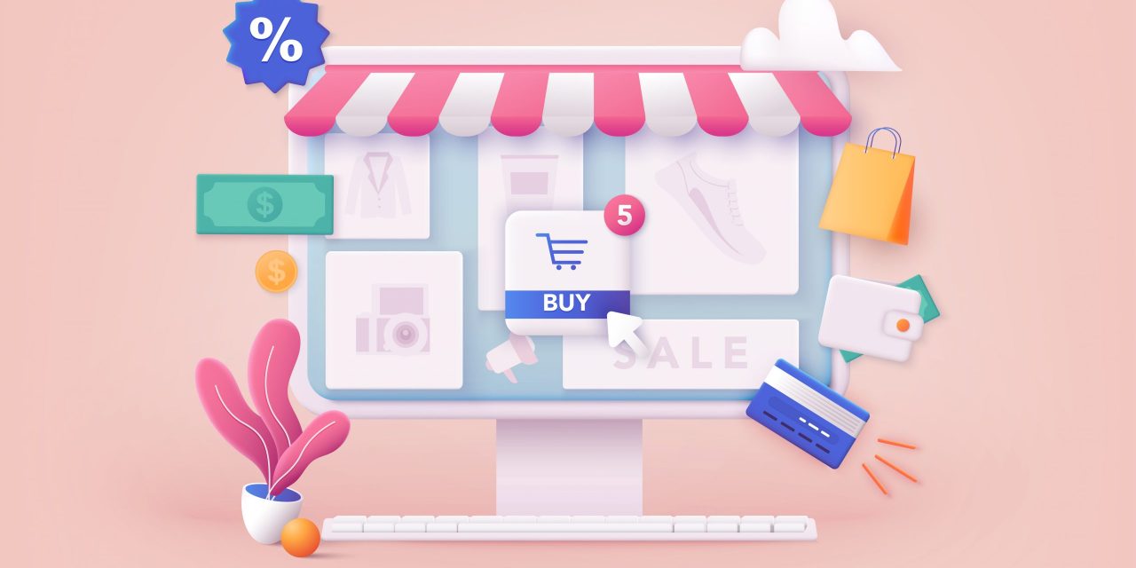 The header image shows a computer screen with online shopping icons.