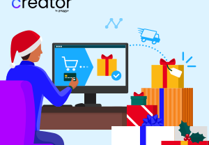 The header image shows a person shopping on a computer screen with a stack of presents sitting next to them.