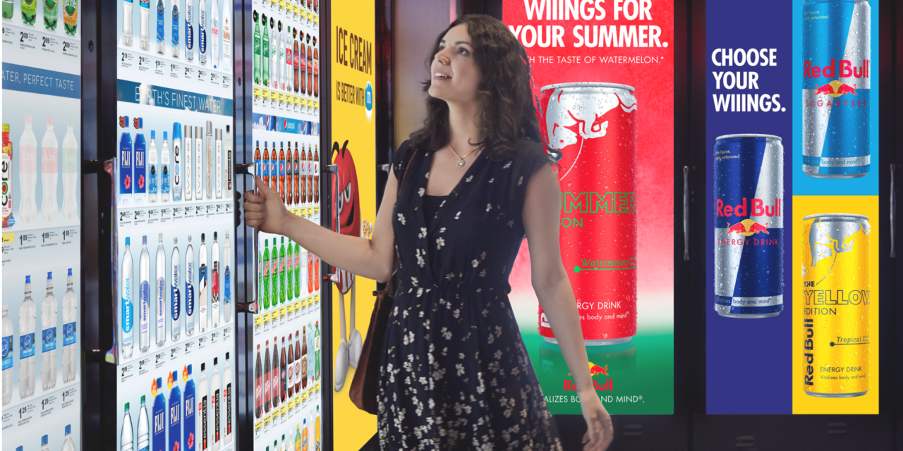 Photograph of a woman shopping with soda ads behind her.