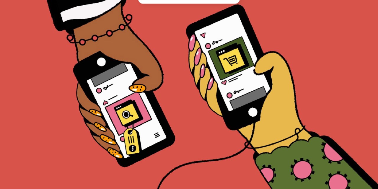 Illustration of two hands holding smartphones with a shopping app open.