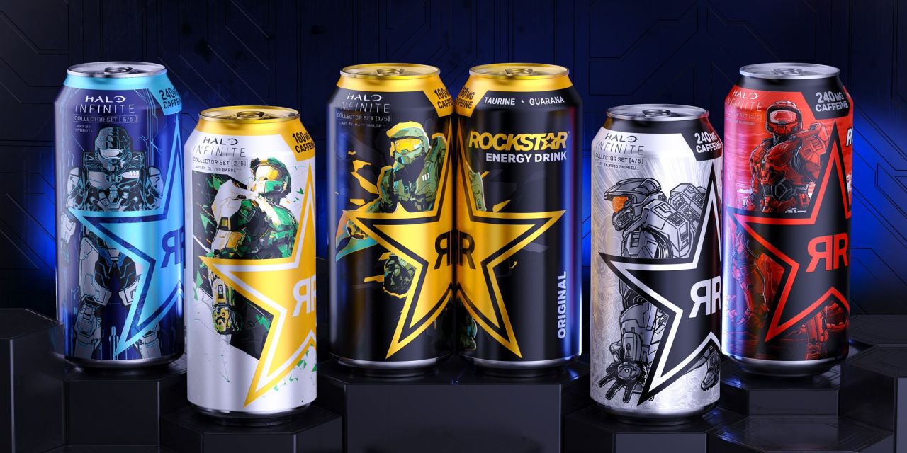 Cans of Rockstar Energy Drinks, illustrated with drawings promoting Halo Infinite