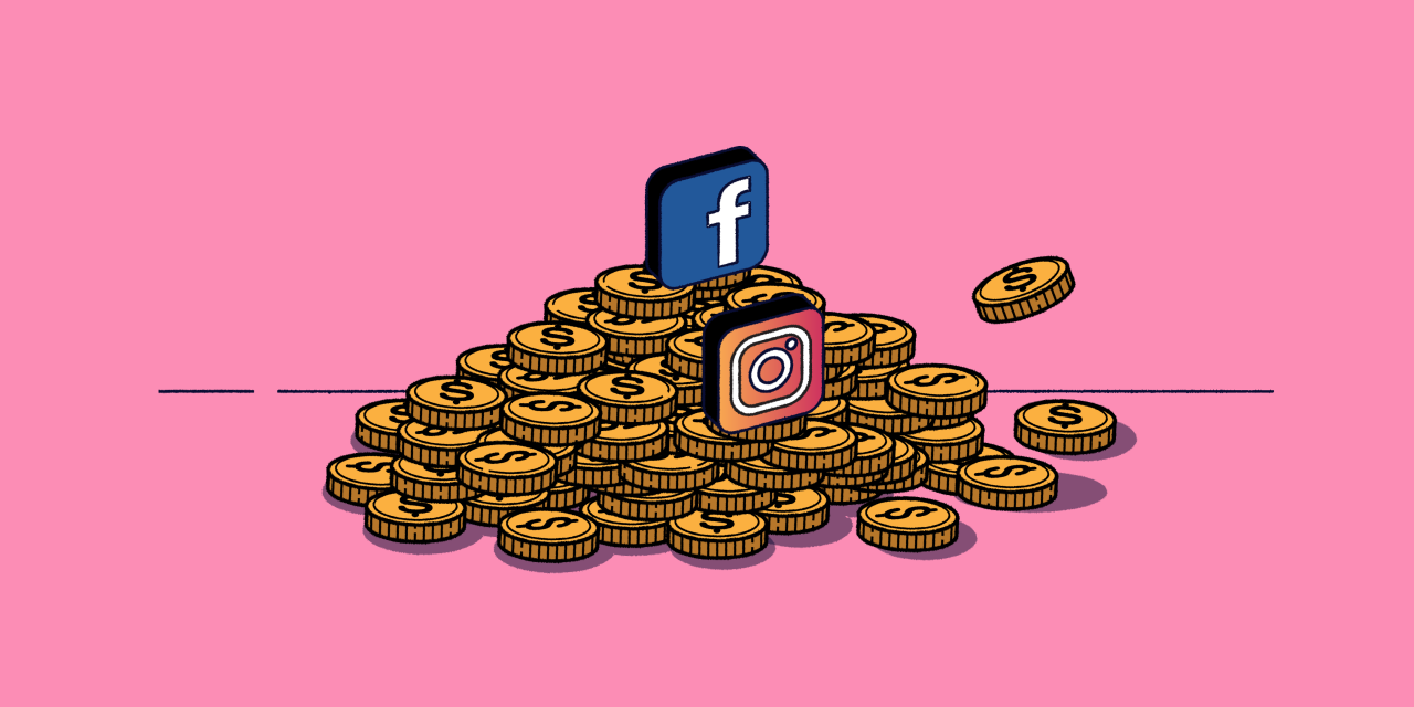 Instagram and Facebook logos stacked ontop of gold coins on a pink background