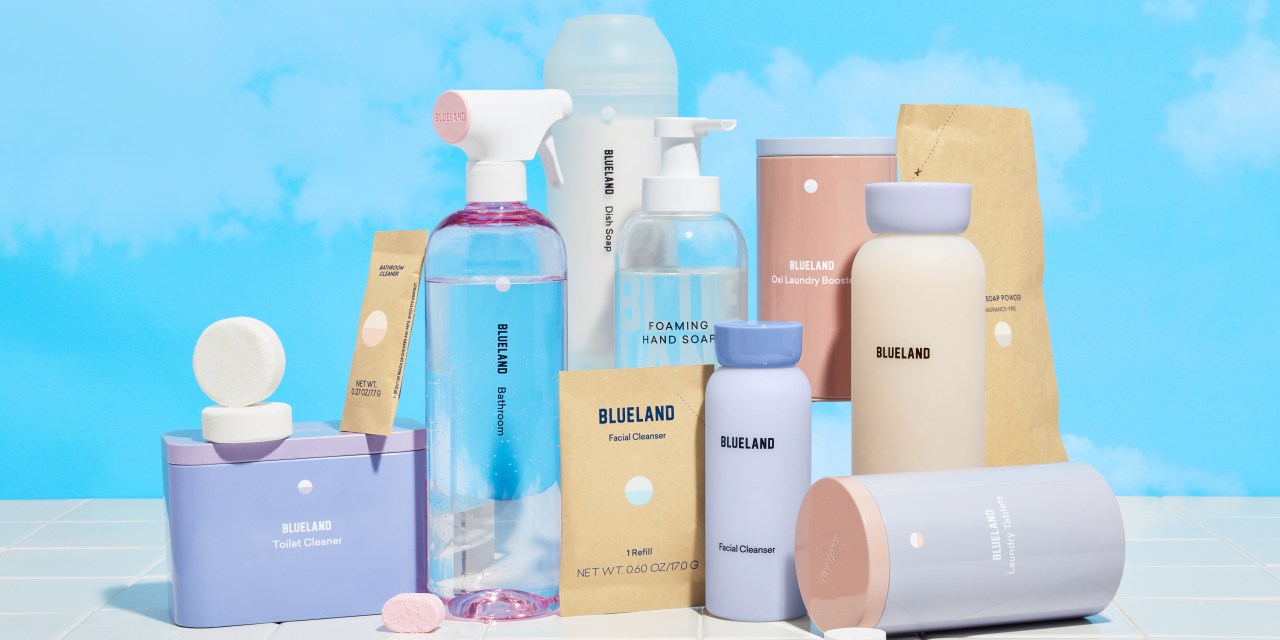 The full lineup of Blueland products including its new facial cleanser.