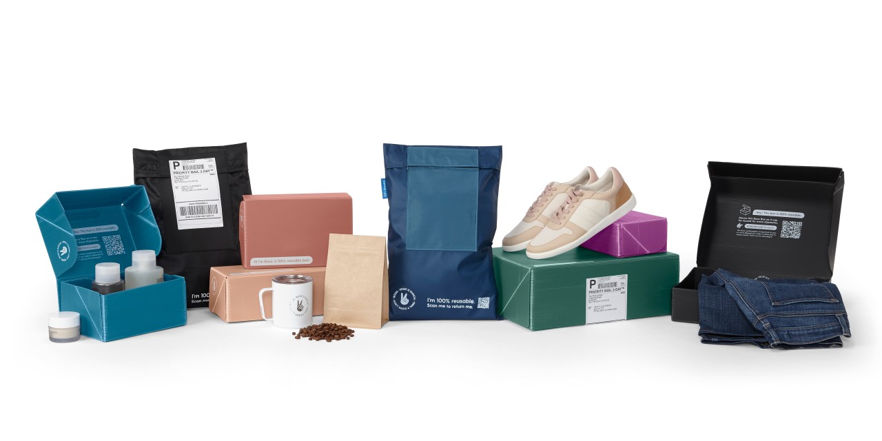 A line of reusable envelopes and boxes