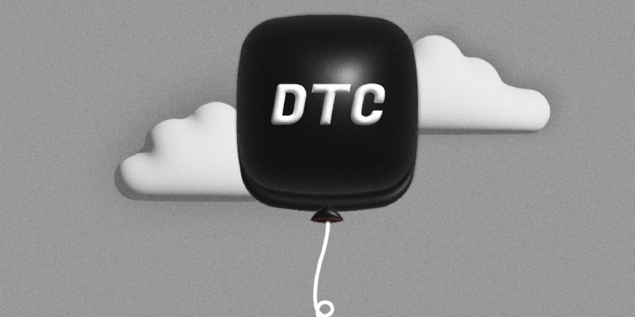 Black "DTC" balloon on a grey background with white clouds