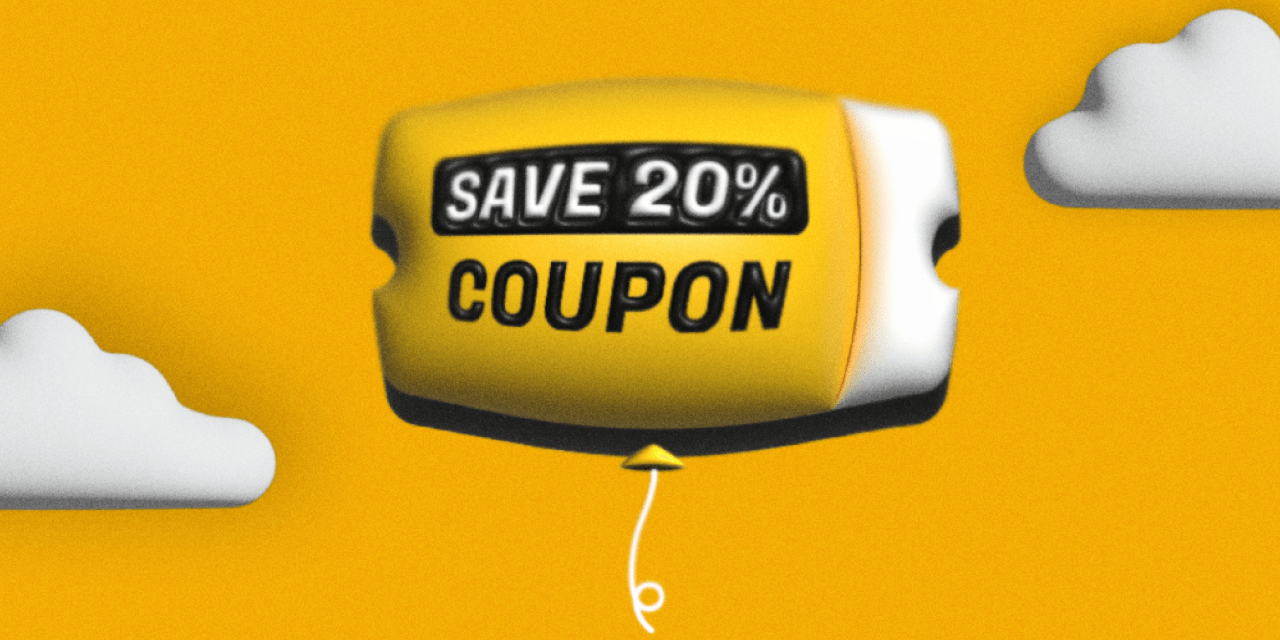 Yellow "save 20% coupon balloon on a yellow background with white clouds