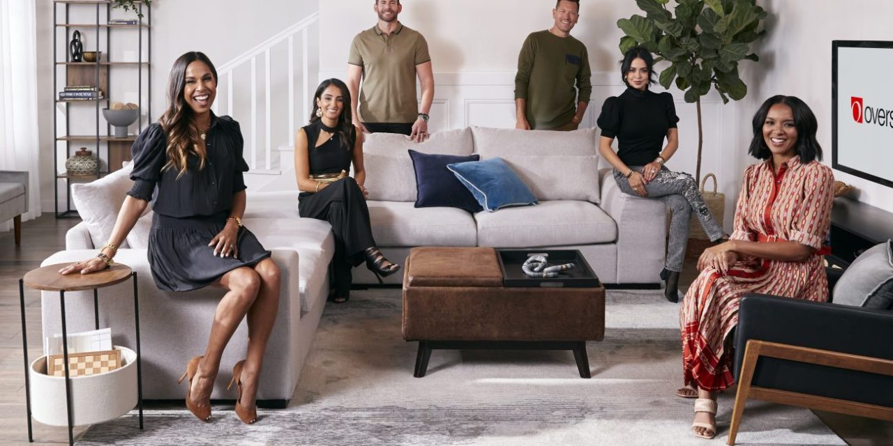 Six people positioned around a living room set with a TV that says "overstock.com"
