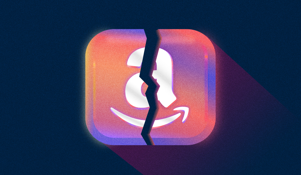 Pink and purple Amazon logo cracked in half on a dark navy blue background