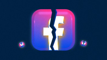 A pink and purple Facebook icon that's cracked in half on a navy blue background