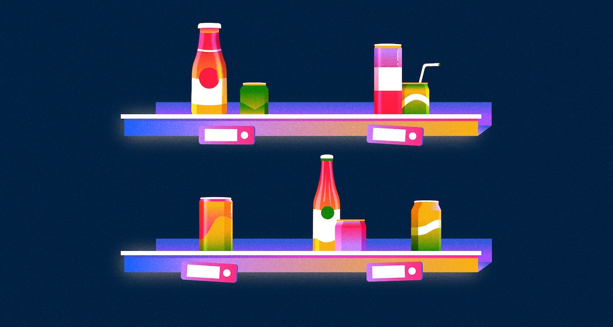Pink-purple shelves with soda cans and glass bottles of various colors on a dark blue background