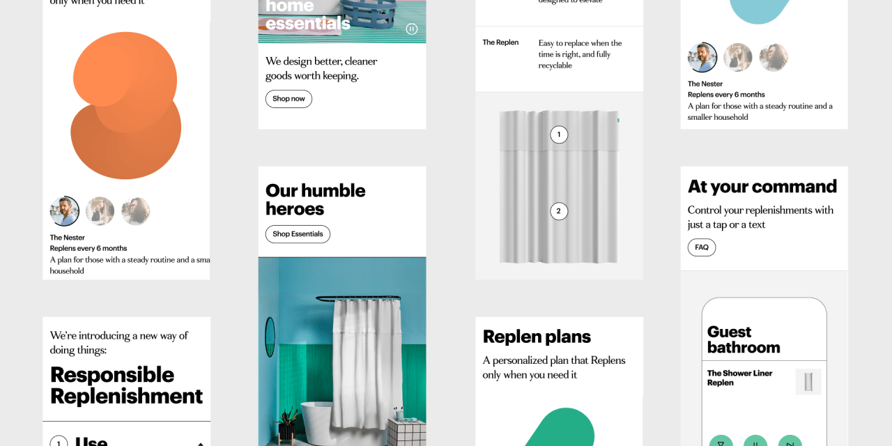 Screenshots of mobile images from the Outlines website that show its shower curtain products and subscriptions services.