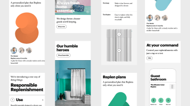 Screenshots of mobile images from the Outlines website that show its shower curtain products and subscriptions services.