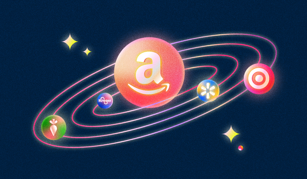 Solar system with Amazon logo at the center, with Walmart, Kroger, Target and Instacart logos all revolving around it.