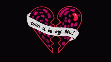 Red broken heart on a black background with a banner reading, "will u be my 3PL?"