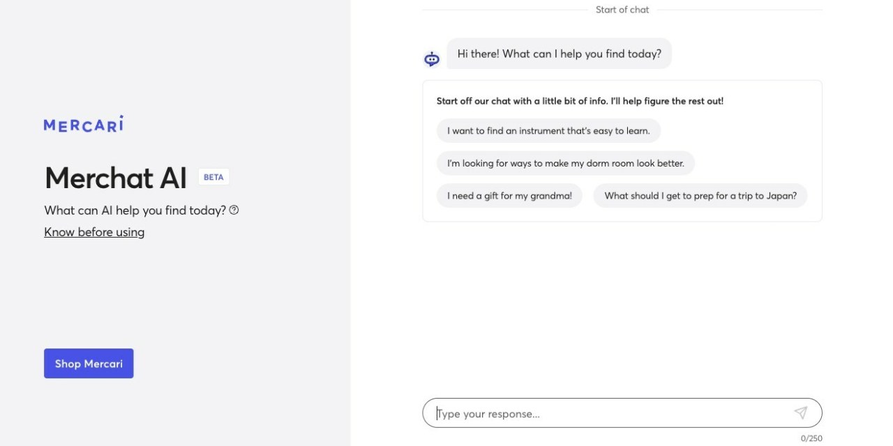 Mercari's shopping assistant tool, called Merchat AI.