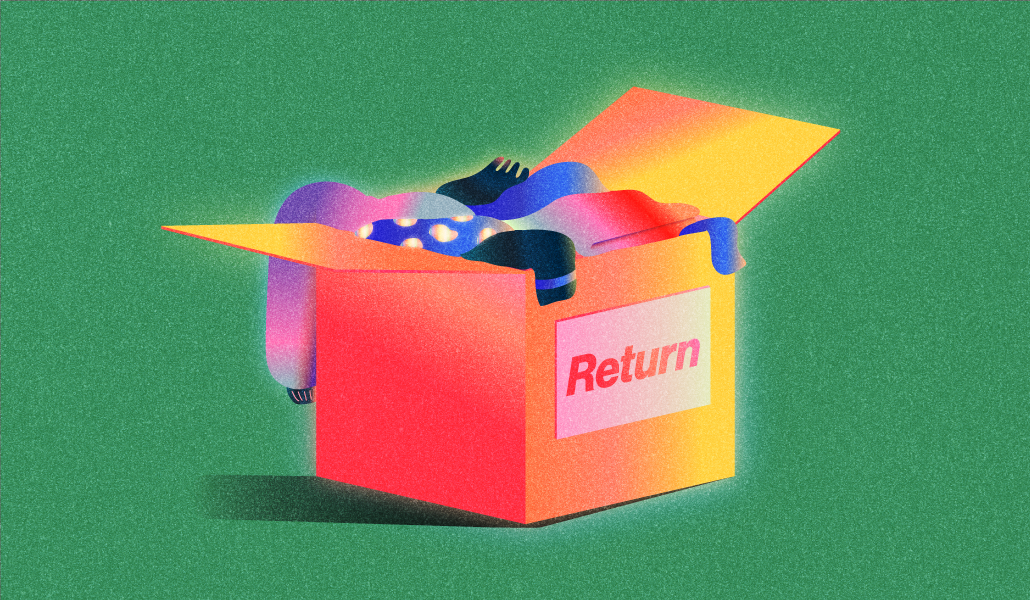 Cardboard box with a return label, with a bunch of clothes stuffed inside, on a green background