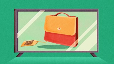 Red and tan handbag with a QR code tag attached on a TV screen, on a green background