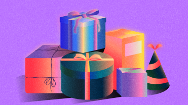 Wrapped holiday gifts on a purple background