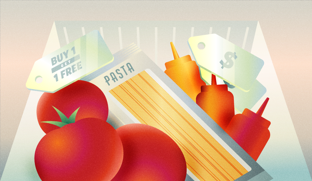 Grocery shelf with pasta, tomatoes and sauce bottles with a "buy one get one free" tag