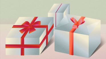 Holiday gifts, wrapped in white paper with a red bow