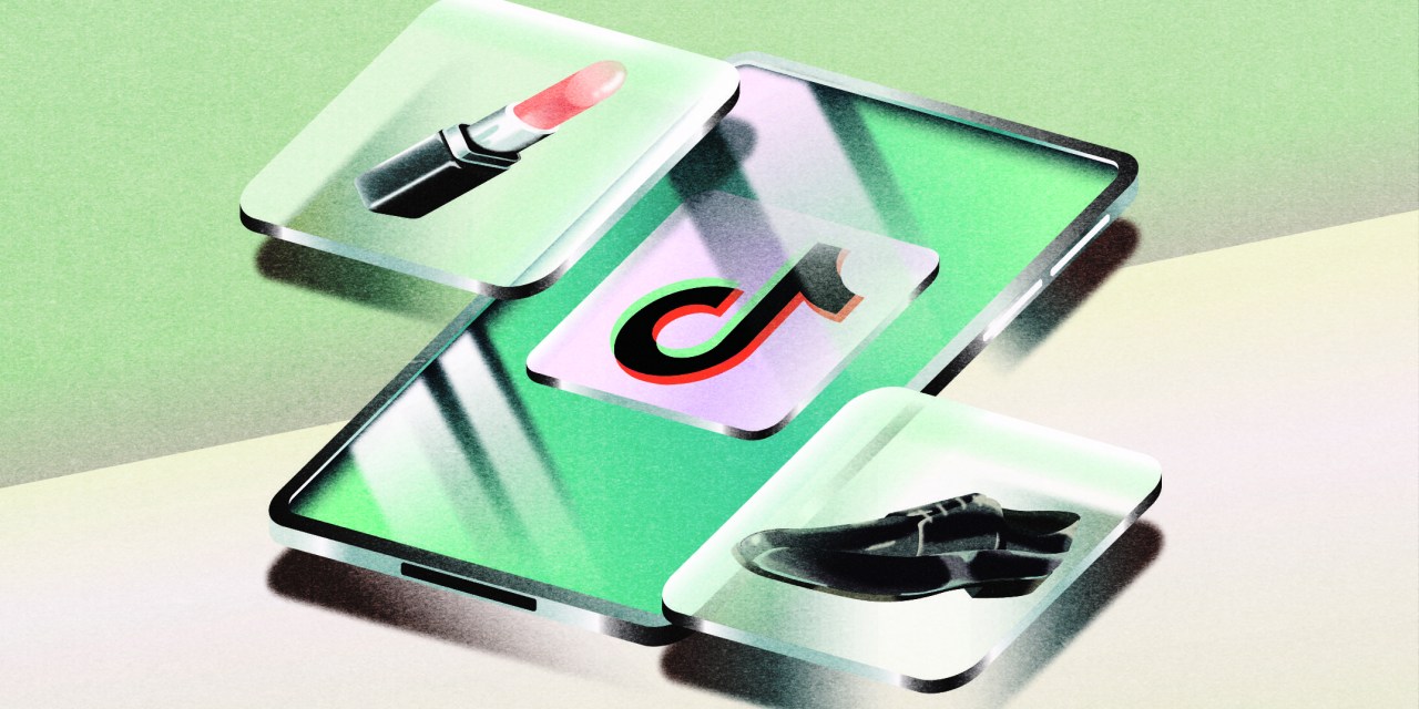 Phone screen that displays a "TikTok" logo sits on a green and white background. Other icons pop up out of the phone, displaying products like lipstick and footwear.
