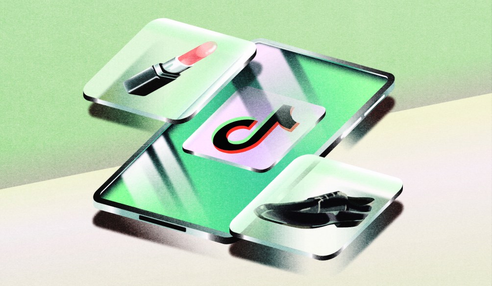 Phone screen that displays a "TikTok" logo sits on a green and white background. Other icons pop up out of the phone, displaying products like lipstick and footwear.