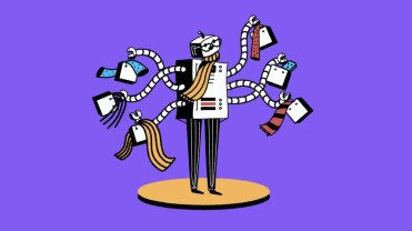 A graphic image of a robot with multiple arms carrying shopping bags. Representing using AI and data for e-commerce sales.