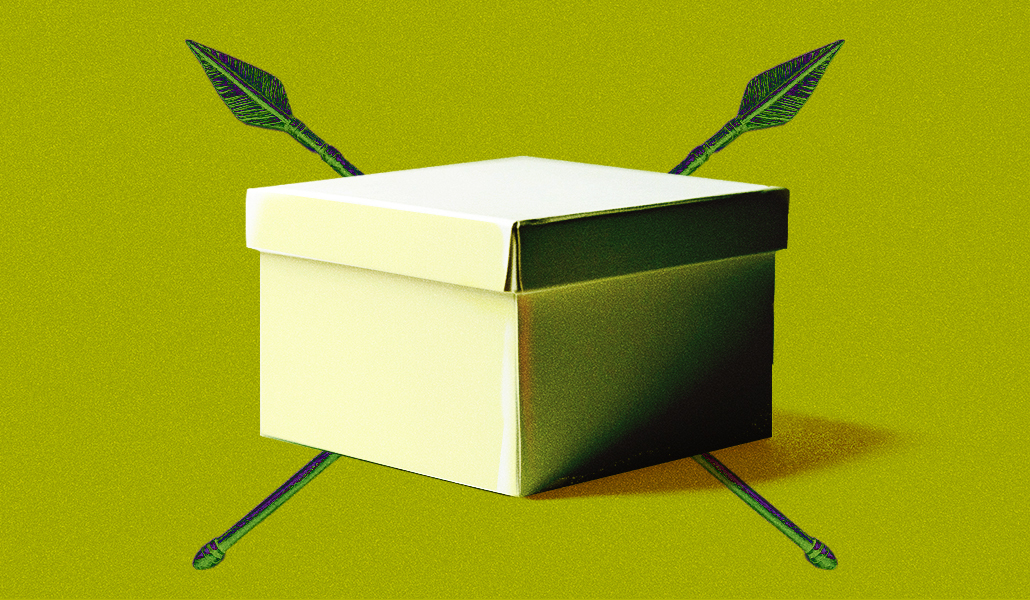 A minimalistic illustration of a white box set against a lime-green background, intersected by two crossed arrows. The image conveys a sense of simplicity, versatility, and strategy, reflecting themes of cross-selling and targeted product offerings in e-commerce.