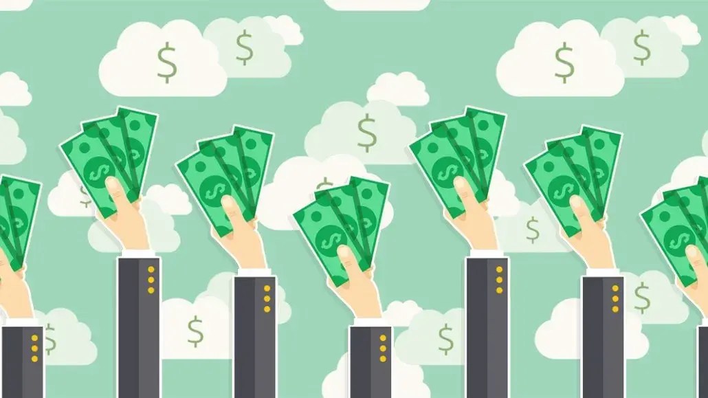Illustration of hands holding stacks of bills beneath a sky filled with dollar-sign filled clouds, symbolizing TikTok’s growing role in commerce and brand discovery.