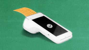 Graphic on a green background of a phone-shaped POS device printing a receipt with a checkmark, symbolizing seamless in-store commerce solutions and successful transactions.