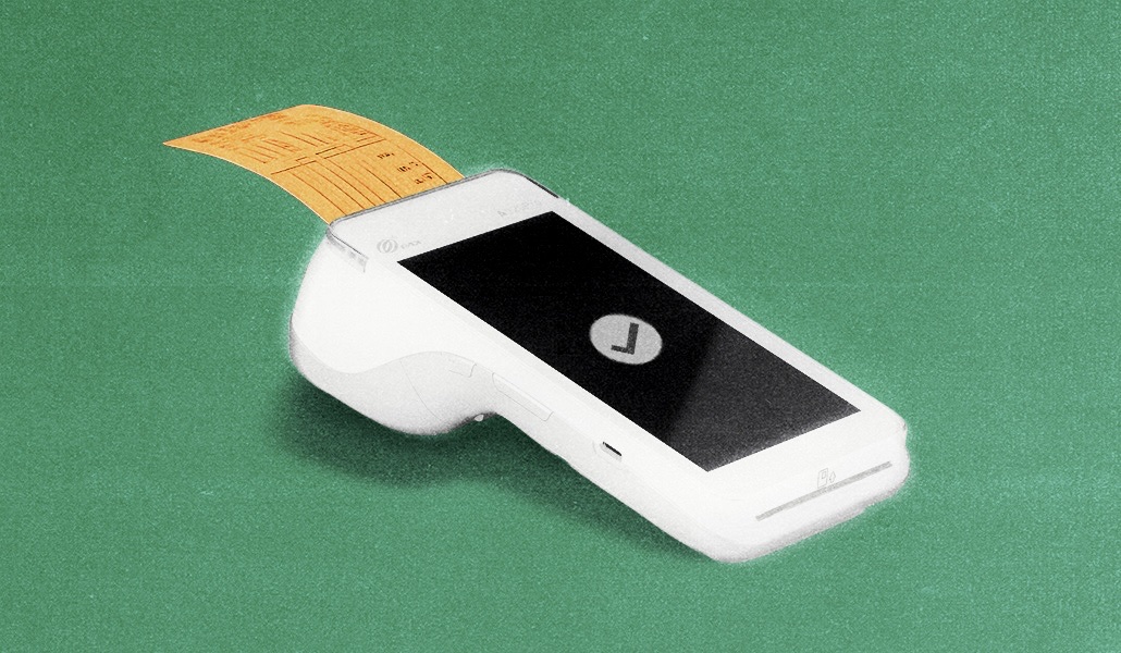 Graphic on a green background of a phone-shaped POS device printing a receipt with a checkmark, symbolizing seamless in-store commerce solutions and successful transactions.