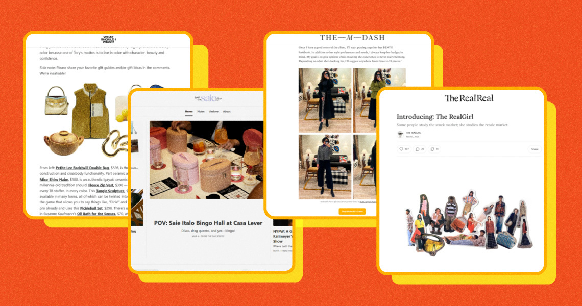 Screenshots of brands' Substack newsletters.