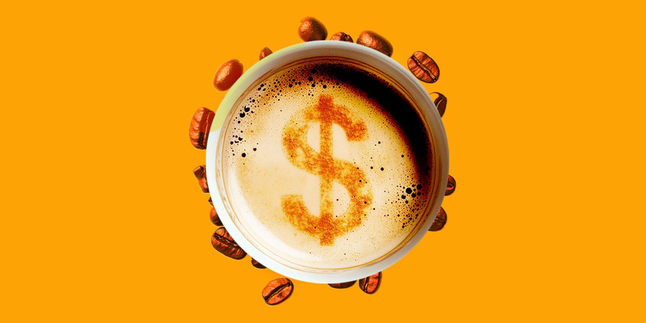 Cup of latte surrounded by a ring of coffee beans. with a dollar sign in the middle.
