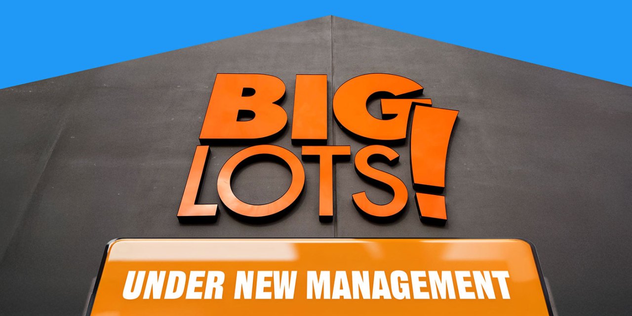 Big Lots storefront with a sign that reads "under new management"