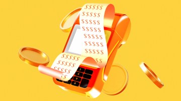 Cash register with a receipt with lots of dollar signs popping out of it