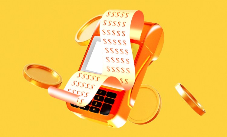 Cash register with a receipt with lots of dollar signs popping out of it