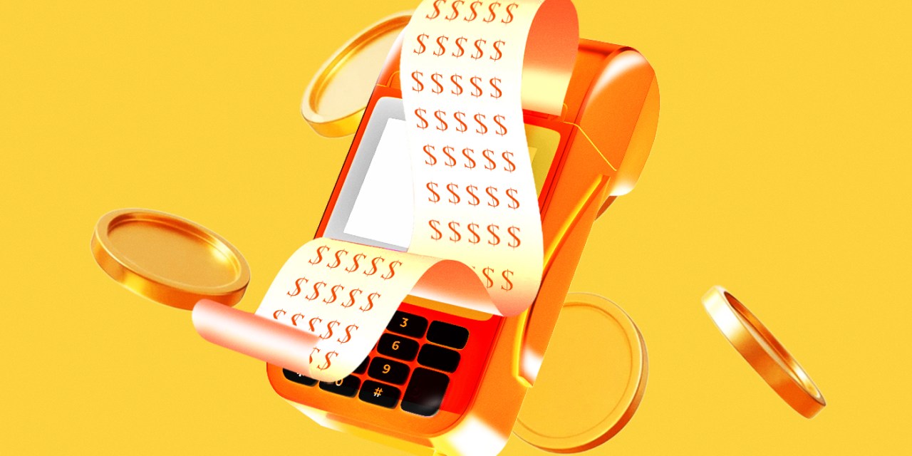 Cash register with a receipt with lots of dollar signs popping out of it