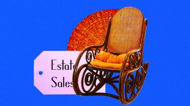 A rocking chair and a fan on a blue background, next to a pink tag that reads "estate sales"