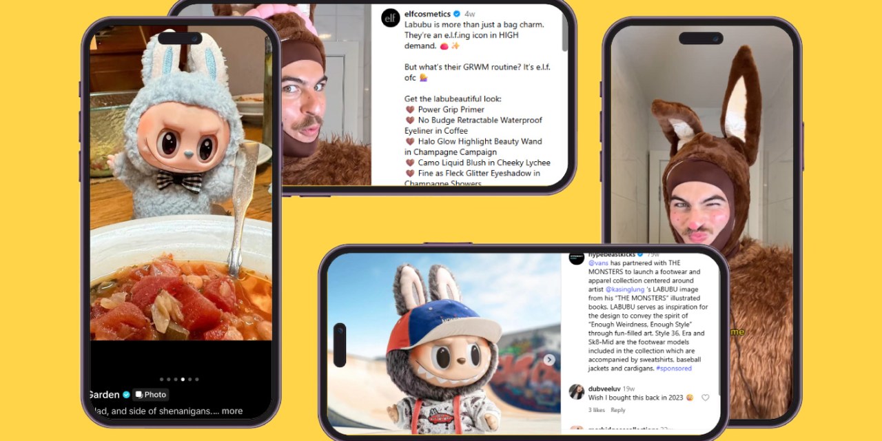 Screenshots showing how brands like Olive Garden and E.l.f are mentioning Labubus in their Instagram posts